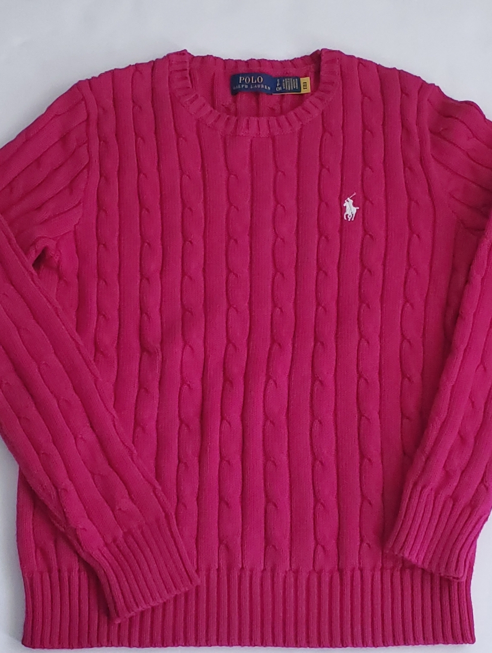 RALPH LAUREN Sweater Womens Small Pink Magenta Cotton Cable Knit Crewneck Pony